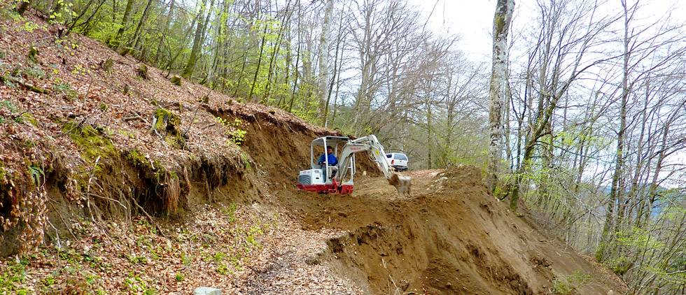 mini-pelleteuse retraçant un chemin dans la forêt de Bezin-Gareau